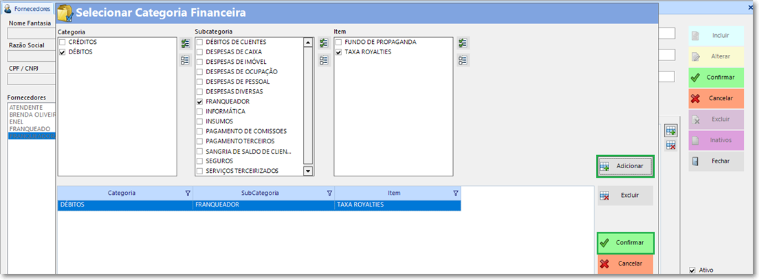Selecionar Categoria Financeira para o Fornecedor