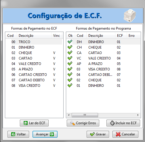 formas pagamento x ECF
