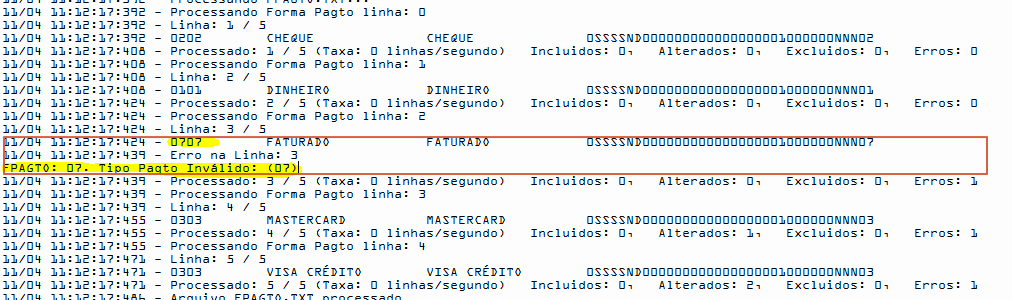 Log de erro forma de pagamento fiscal