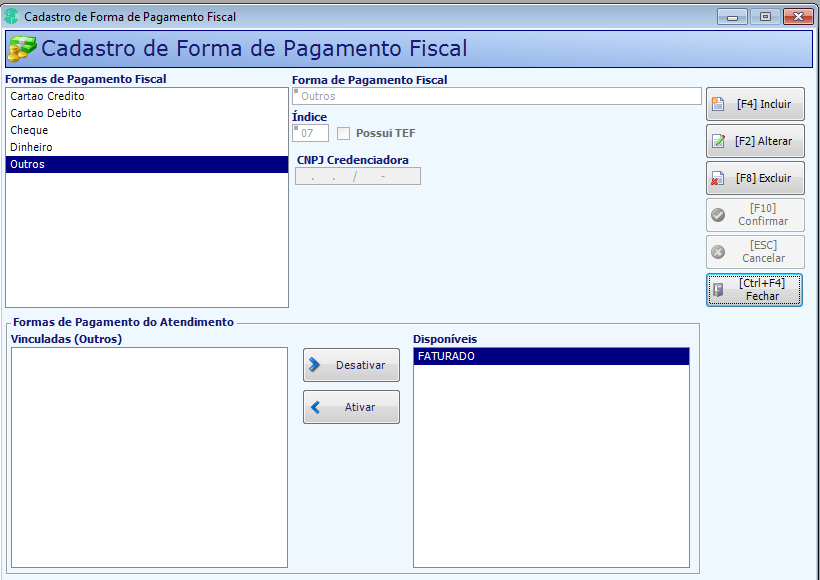 Cadastro de Formas de Pagamento Fiscal