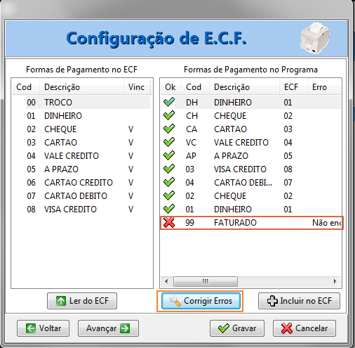 Configurações ECF, Formas de Pagamento