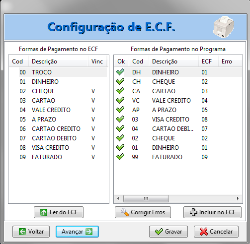 Configurações ECF, Formas de Pagamento