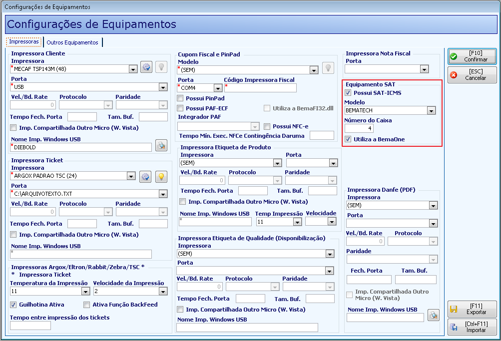 Configurações de equipamentos