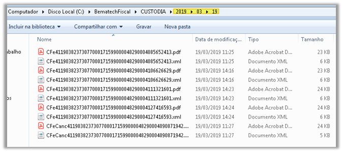Exemplo pasta com os arquivos xml