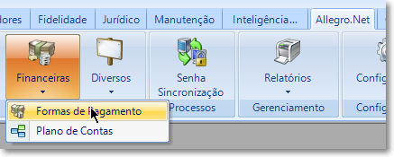 Menu para formas de pagamento