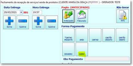 Forma de pagaento na tela de Fechamento de Recepção