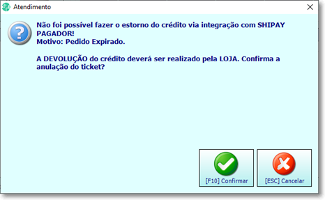 Mensagem de falha no cancelamento com a shipay