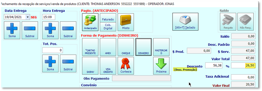 Fechamento de ticket com desconto da promoção