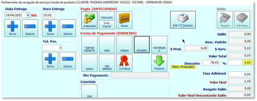 Fechamento do ticket com desconto da promoção