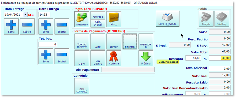 Fechamento de ticket com desconto da promoção